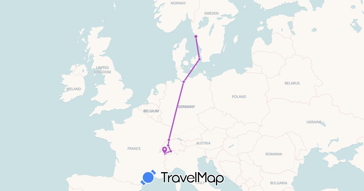 TravelMap itinerary: driving, train in Switzerland, Germany, Denmark, France, Sweden (Europe)